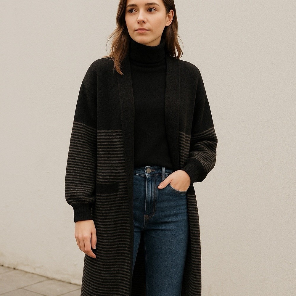Orfeo Paris Nathalia Long Cardigan Coat TU OS Striped Kimono Cozy Chic Oversized